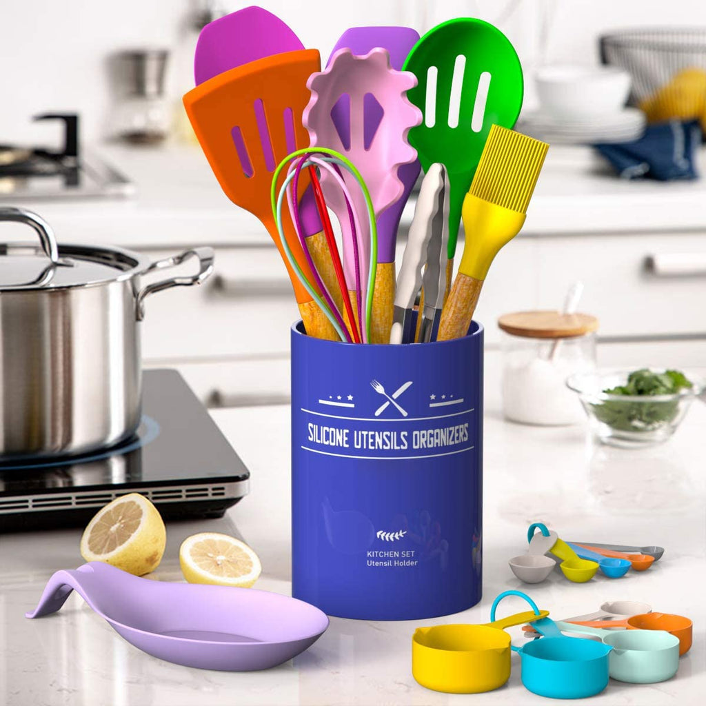 Umite Chef Kitchen Cooking Utensils Set, 33 pcs Non-stick Silicone Cooking Kitchen Utensils Spatula Set with Holder, Wooden Handle Silicone Kitchen Gadgets Utensil Set (Colorful) - My Kitchen Products