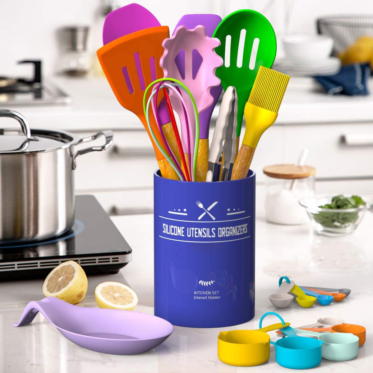 Umite Chef Kitchen Cooking Utensils Set, 33 pcs Non-stick Silicone Cooking Kitchen Utensils Spatula Set with Holder, Wooden Handle Silicone Kitchen Gadgets Utensil Set (Colorful) - My Kitchen Products