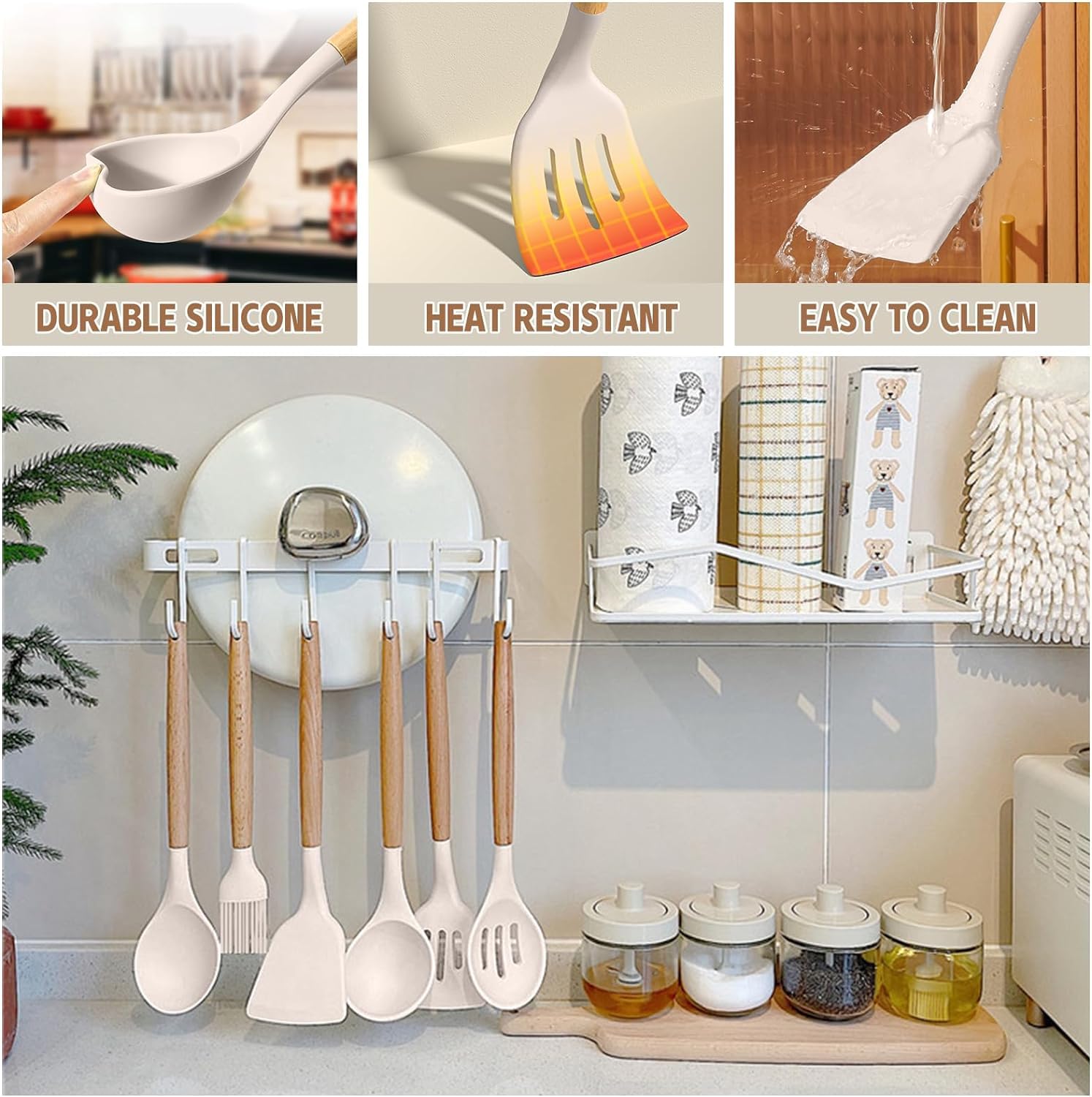 Umite Chef Kitchen Cooking Utensils Set, 33 pcs Non-Stick Silicone Cooking Kitchen Utensils Spatula Set with Holder, Wooden Handle Silicone Kitchen Gadgets Utensil Set (Khaki) - My Kitchen Products