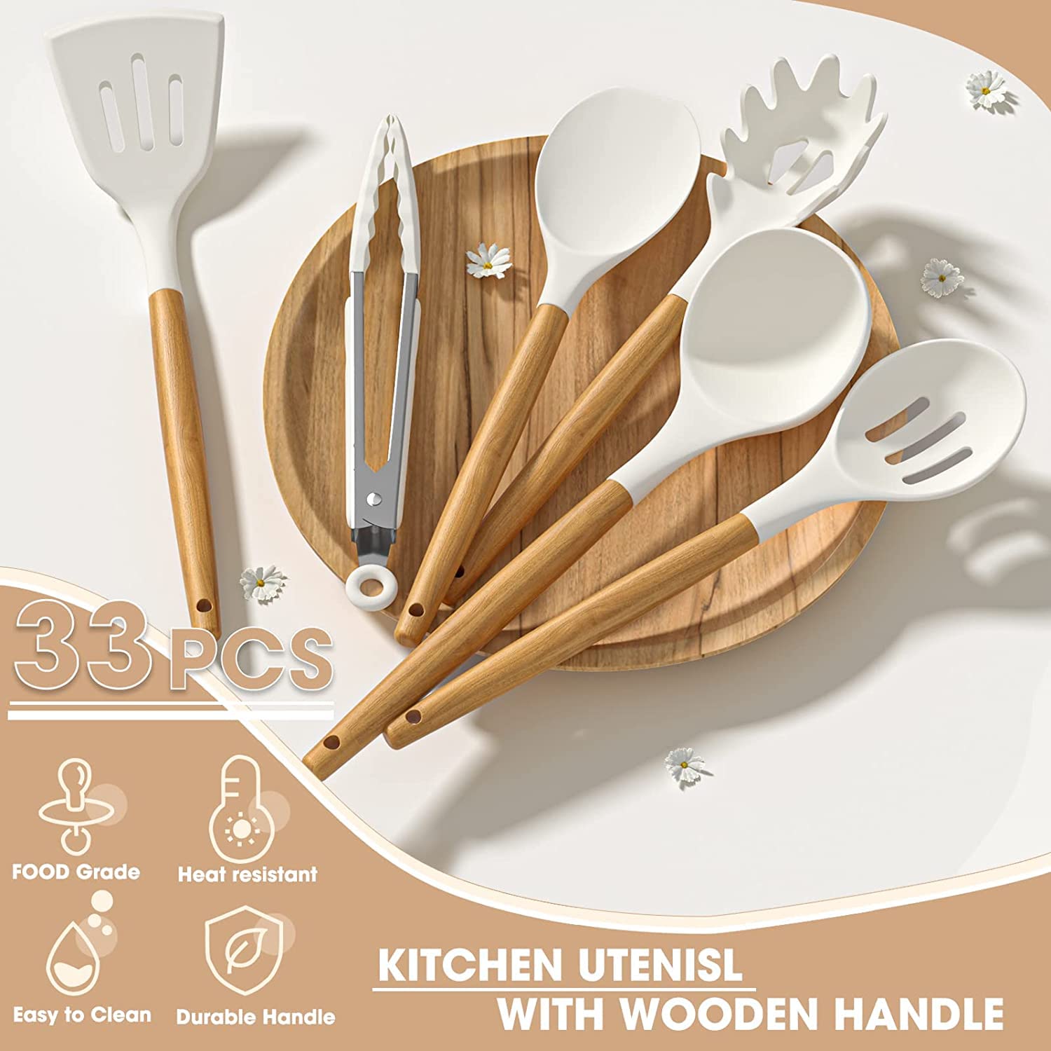 Umite Chef Kitchen Cooking Utensils Set, 33 pcs Non-stick Silicone Cooking Kitchen Utensils Spatula Set with Holder, Wooden Handle Silicone Kitchen Gadgets Utensil Set (Cream White) - My Kitchen Products