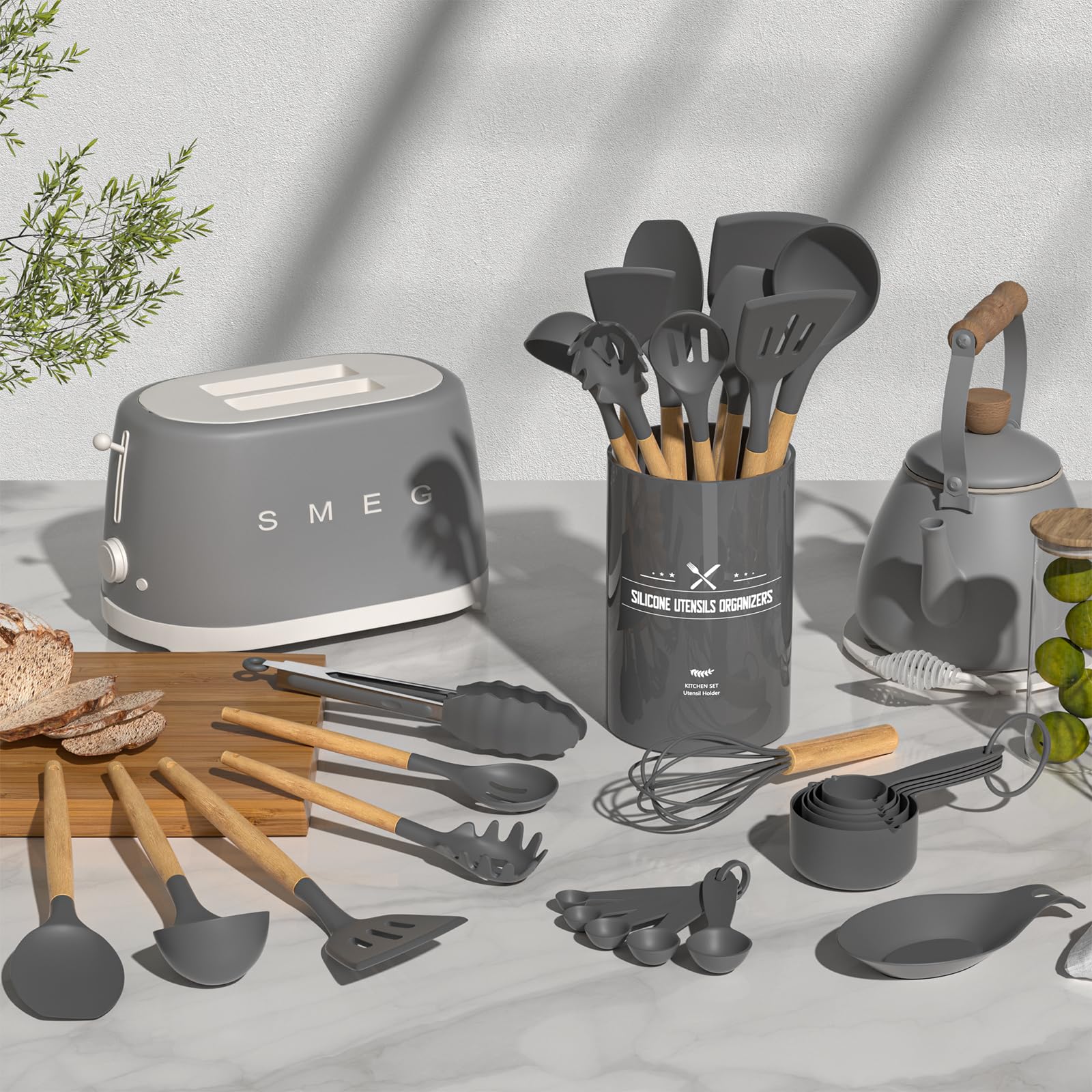 Umite Chef Kitchen Cooking Utensils Set, 33 pcs Non-stick Silicone Spatula Set with Holder, Woodle Handle Heat Resistant Gadgets Utensil (Gray) - My Kitchen Products