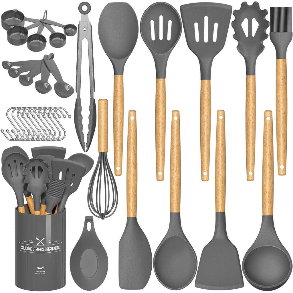 Umite Chef Kitchen Cooking Utensils Set, 33 pcs Non-stick Silicone Spatula Set with Holder, Woodle Handle Heat Resistant