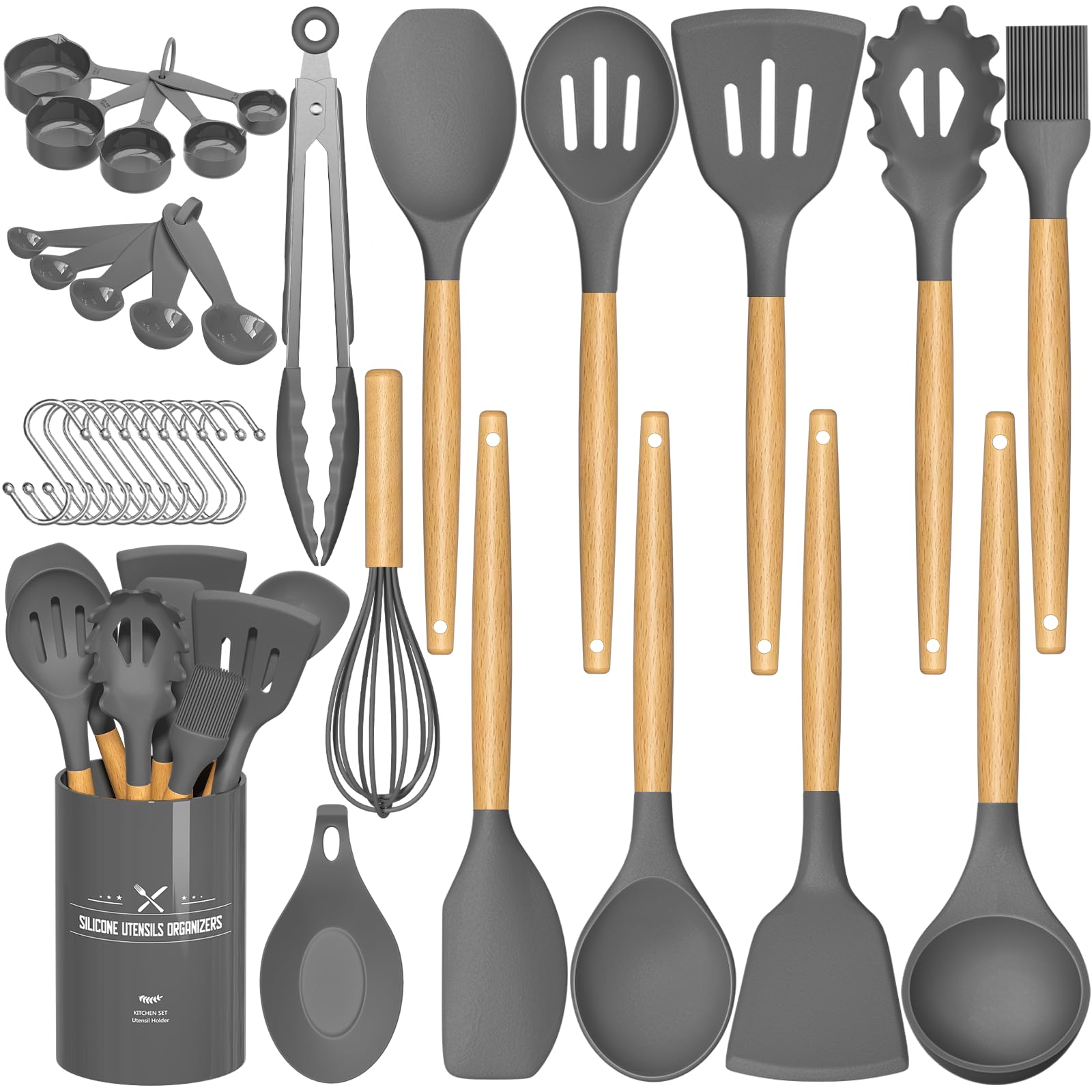 Umite Chef Kitchen Cooking Utensils Set, 33 pcs Non-stick Silicone Spatula Set with Holder, Woodle Handle Heat Resistant