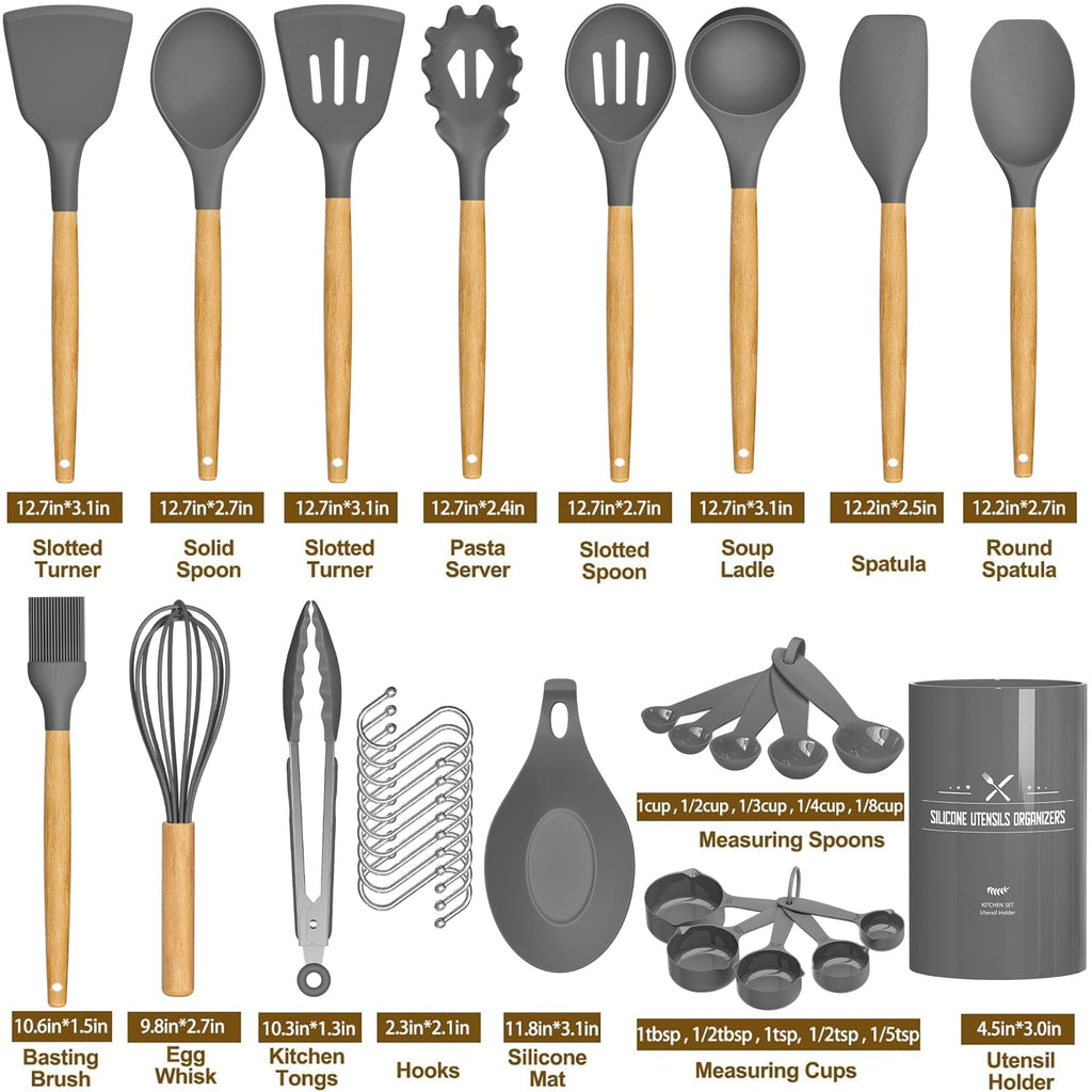 Umite Chef Kitchen Cooking Utensils Set, 33 pcs Non-stick Silicone Spatula Set with Holder, Woodle Handle Heat Resistant Gadgets Utensil (Gray) - My Kitchen Products
