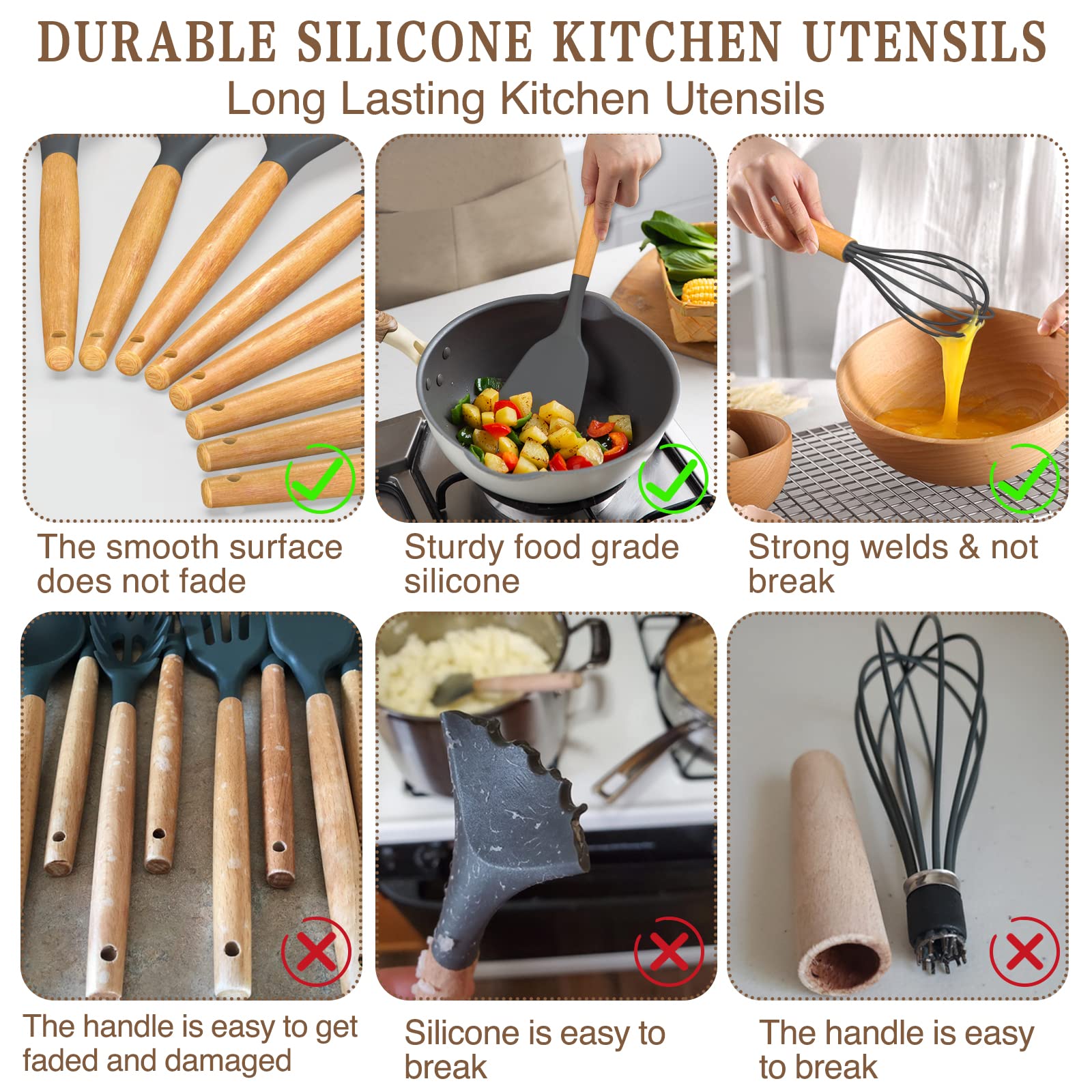 Umite Chef Kitchen Cooking Utensils Set, 33 pcs Non-stick Silicone Spatula Set with Holder, Woodle Handle Heat Resistant Gadgets Utensil (Gray) - My Kitchen Products
