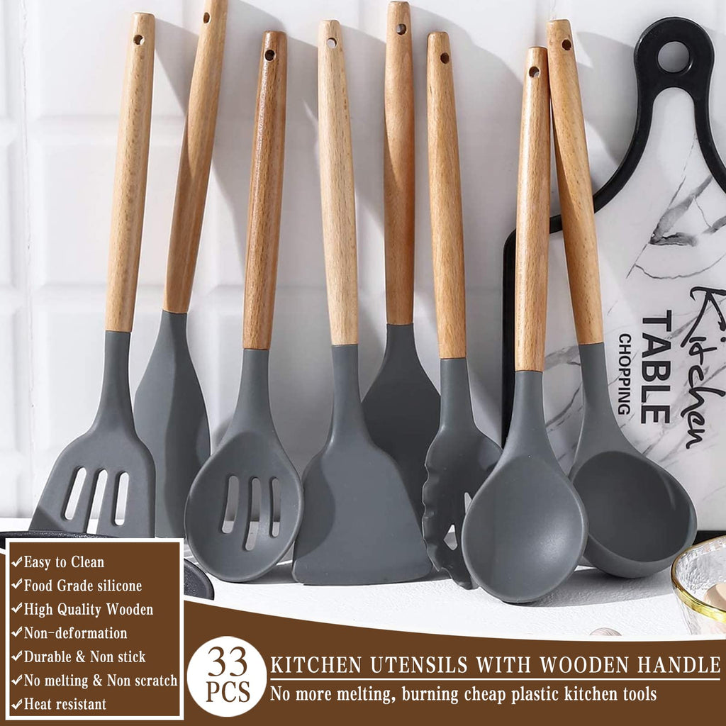Umite Chef Kitchen Cooking Utensils Set, 33 pcs Non-stick Silicone Spatula Set with Holder, Woodle Handle Heat Resistant Gadgets Utensil (Gray) - My Kitchen Products