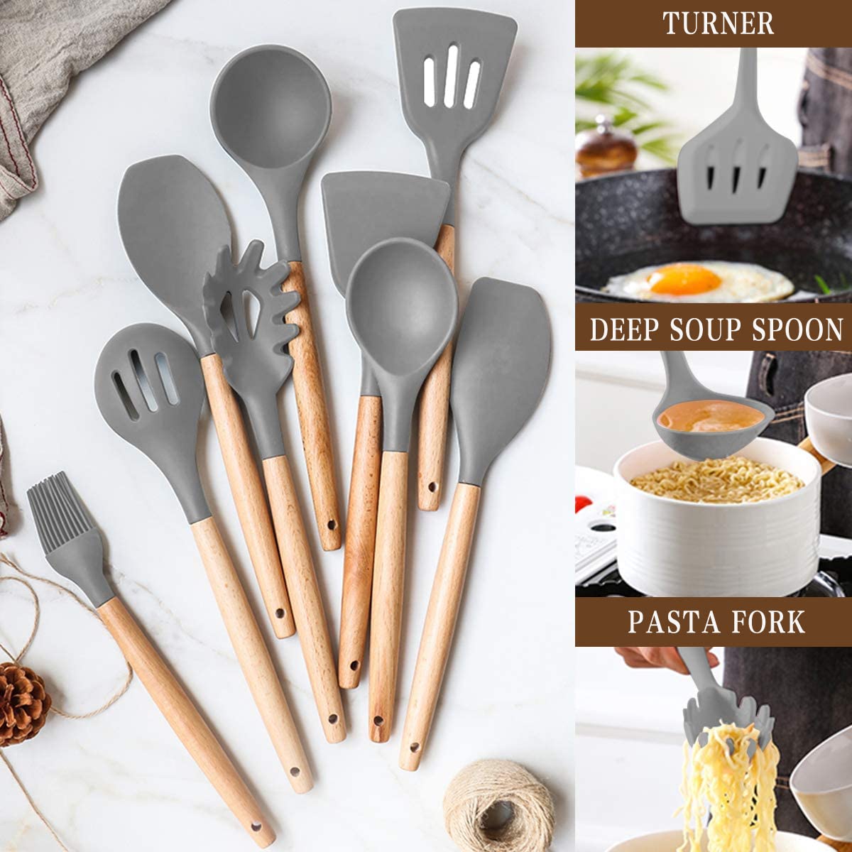 Umite Chef Kitchen Cooking Utensils Set, 33 pcs Non-stick Silicone Spatula Set with Holder, Woodle Handle Heat Resistant Gadgets Utensil (Gray) - My Kitchen Products