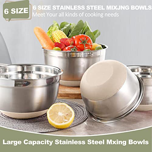 Umite Chef Mixing Bowls with Airtight Lids, 6 piece Stainless Steel Metal Nesting Storage Bowls, Non-Slip Bottoms Size 7, 3.5, 2.5, 2.0,1.5, 1QT, Great for Mixing & Serving (Khaki) - My Kitchen Products