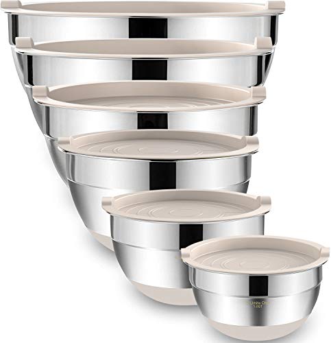 Umite Chef Mixing Bowls with Airtight Lids, 6 piece Stainless Steel Metal Nesting Storage Bowls, Non-Slip Bottoms Size 7, 3.5, 2.5, 2.0,1.5, 1QT, Great for Mixing & Serving (Khaki) - My Kitchen Products