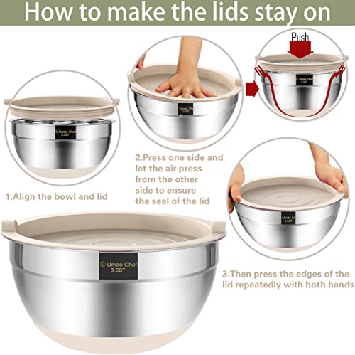 Umite Chef Mixing Bowls with Airtight Lids, 6 piece Stainless Steel Metal Nesting Storage Bowls, Non-Slip Bottoms Size 7, 3.5, 2.5, 2.0,1.5, 1QT, Great for Mixing & Serving (Khaki) - My Kitchen Products
