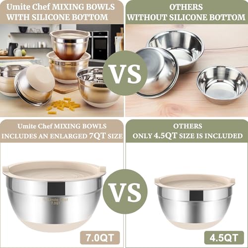 Umite Chef Mixing Bowls with Airtight Lids, 6 piece Stainless Steel Metal Nesting Storage Bowls, Non-Slip Bottoms Size 7, 3.5, 2.5, 2.0,1.5, 1QT, Great for Mixing & Serving (Khaki) - My Kitchen Products