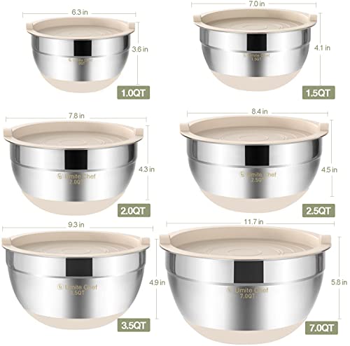 Umite Chef Mixing Bowls with Airtight Lids, 6 piece Stainless Steel Metal Nesting Storage Bowls, Non-Slip Bottoms Size 7, 3.5, 2.5, 2.0,1.5, 1QT, Great for Mixing & Serving (Khaki) - My Kitchen Products