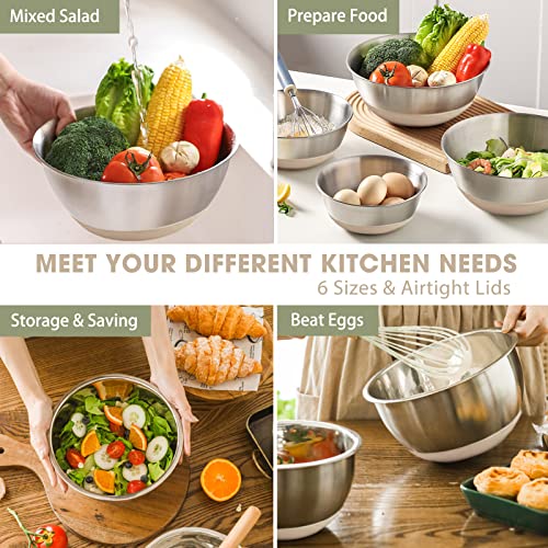 Umite Chef Mixing Bowls with Airtight Lids, 6 piece Stainless Steel Metal Nesting Storage Bowls, Non-Slip Bottoms Size 7, 3.5, 2.5, 2.0,1.5, 1QT, Great for Mixing & Serving (Khaki) - My Kitchen Products