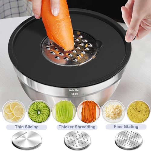 Umite Chef Mixing Bowls with Airtight Lids, 8PCS Stainless Steel Nesting Mixing Bowls Set, 3 Grater Attachments & Non-Slip Bottoms, Black Kitchen Bowls, Size 5, 4, 3.5, 2, 1.5QT for Baking & Serving - My Kitchen Products
