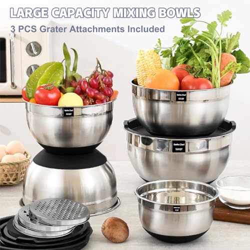 Umite Chef Mixing Bowls with Airtight Lids, 8PCS Stainless Steel Nesting Mixing Bowls Set, 3 Grater Attachments & Non-Slip Bottoms, Black Kitchen Bowls, Size 5, 4, 3.5, 2, 1.5QT for Baking & Serving - My Kitchen Products