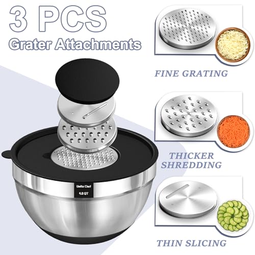 Umite Chef Mixing Bowls with Airtight Lids, 8PCS Stainless Steel Nesting Mixing Bowls Set, 3 Grater Attachments & Non-Slip Bottoms, Black Kitchen Bowls, Size 5, 4, 3.5, 2, 1.5QT for Baking & Serving - My Kitchen Products