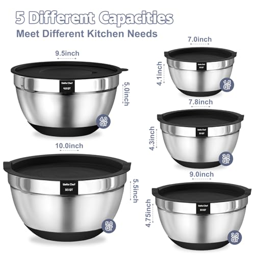 Umite Chef Mixing Bowls with Airtight Lids, 8PCS Stainless Steel Nesting Mixing Bowls Set, 3 Grater Attachments & Non-Slip Bottoms, Black Kitchen Bowls, Size 5, 4, 3.5, 2, 1.5QT for Baking & Serving - My Kitchen Products