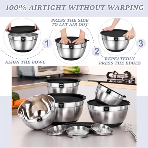 Umite Chef Mixing Bowls with Airtight Lids, 8PCS Stainless Steel Nesting Mixing Bowls Set, 3 Grater Attachments & Non-Slip Bottoms, Black Kitchen Bowls, Size 5, 4, 3.5, 2, 1.5QT for Baking & Serving - My Kitchen Products