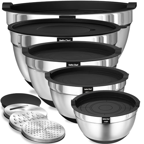 Umite Chef Mixing Bowls with Airtight Lids, 8PCS Stainless Steel Nesting Mixing Bowls Set, 3 Grater Attachments & Non-Slip Bottoms, Black Kitchen Bowls, Size 5, 4, 3.5, 2, 1.5QT for Baking & Serving - My Kitchen Products