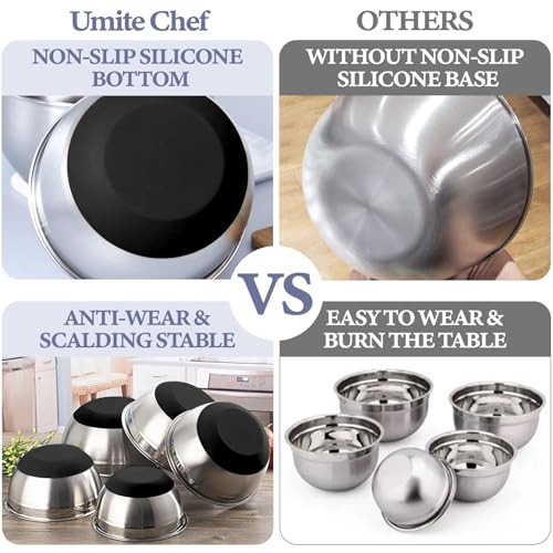 Umite Chef Mixing Bowls with Airtight Lids, 8PCS Stainless Steel Nesting Mixing Bowls Set, 3 Grater Attachments & Non-Slip Bottoms, Black Kitchen Bowls, Size 5, 4, 3.5, 2, 1.5QT for Baking & Serving - My Kitchen Products