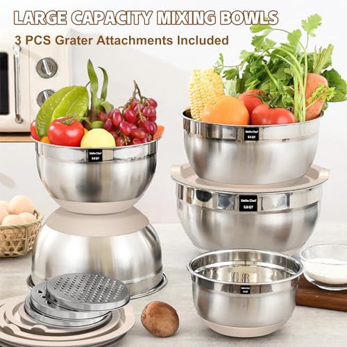 Umite Chef Mixing Bowls with Airtight Lids Set, 8PCS Stainless Steel Nesting Bowls with Grater Attachments, Non-Slip Bottoms, 5, 4, 3.5, 2, 1.5QT for Mixing & Serving - My Kitchen Products