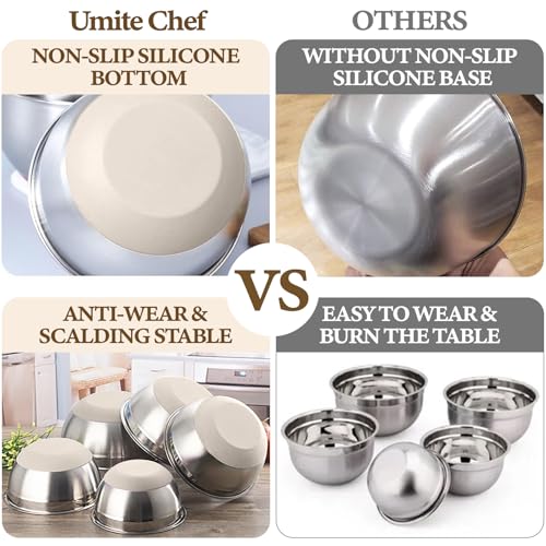 Umite Chef Mixing Bowls with Airtight Lids Set, 8PCS Stainless Steel Nesting Bowls with Grater Attachments, Non-Slip Bottoms, 5, 4, 3.5, 2, 1.5QT for Mixing & Serving - My Kitchen Products