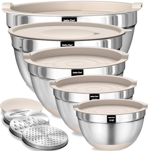 Umite Chef Mixing Bowls with Airtight Lids Set, 8PCS Stainless Steel Nesting Bowls with Grater Attachments, Non-Slip Bottoms, 5, 4, 3.5, 2, 1.5QT for Mixing & Serving - My Kitchen Products