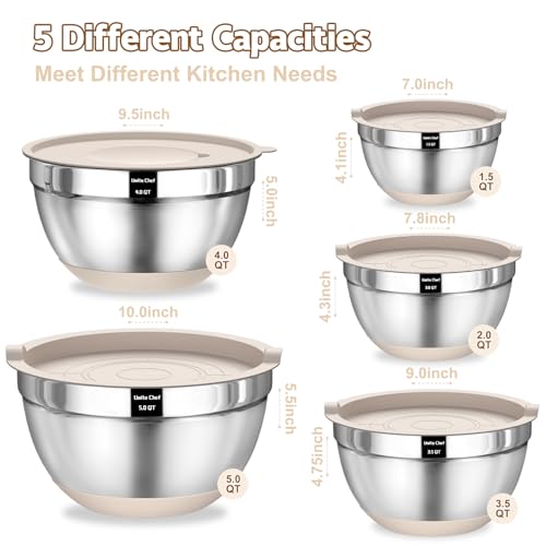 Umite Chef Mixing Bowls with Airtight Lids Set, 8PCS Stainless Steel Nesting Bowls with Grater Attachments, Non-Slip Bottoms, 5, 4, 3.5, 2, 1.5QT for Mixing & Serving - My Kitchen Products