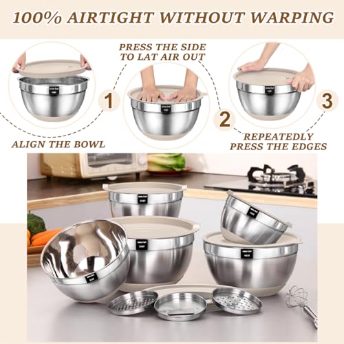 Umite Chef Mixing Bowls with Airtight Lids Set, 8PCS Stainless Steel Nesting Bowls with Grater Attachments, Non-Slip Bottoms, 5, 4, 3.5, 2, 1.5QT for Mixing & Serving - My Kitchen Products
