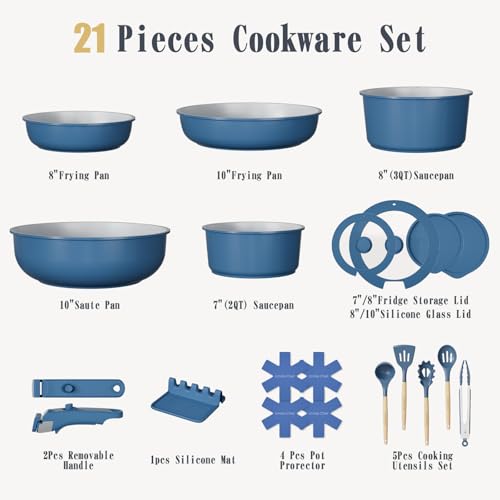 Umite Chef Pots and Pans Set Non Stick, 21 pcs Ceramic Cookware Set with Detachable Handles, Healthy Induction Cookware, RV Kitchen Cooking Set, with Utensils & Frying Pans Set, PFAS PFOA & PTFE Free - My Kitchen Products