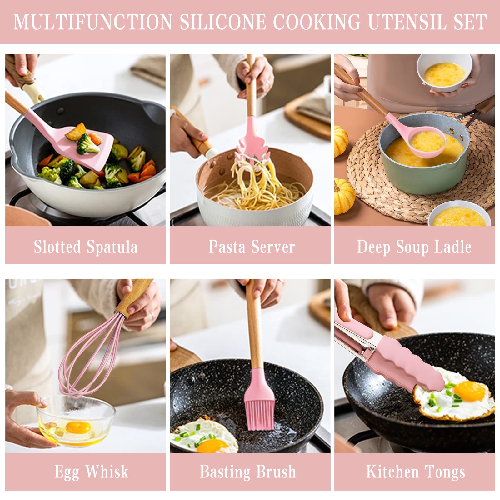 Umite Chef Silicone Kitchen Utensils Set, 33 Piece Non-Stick Kitchen Utensils with Stand, Wooden Handle, Pink - My Kitchen Products