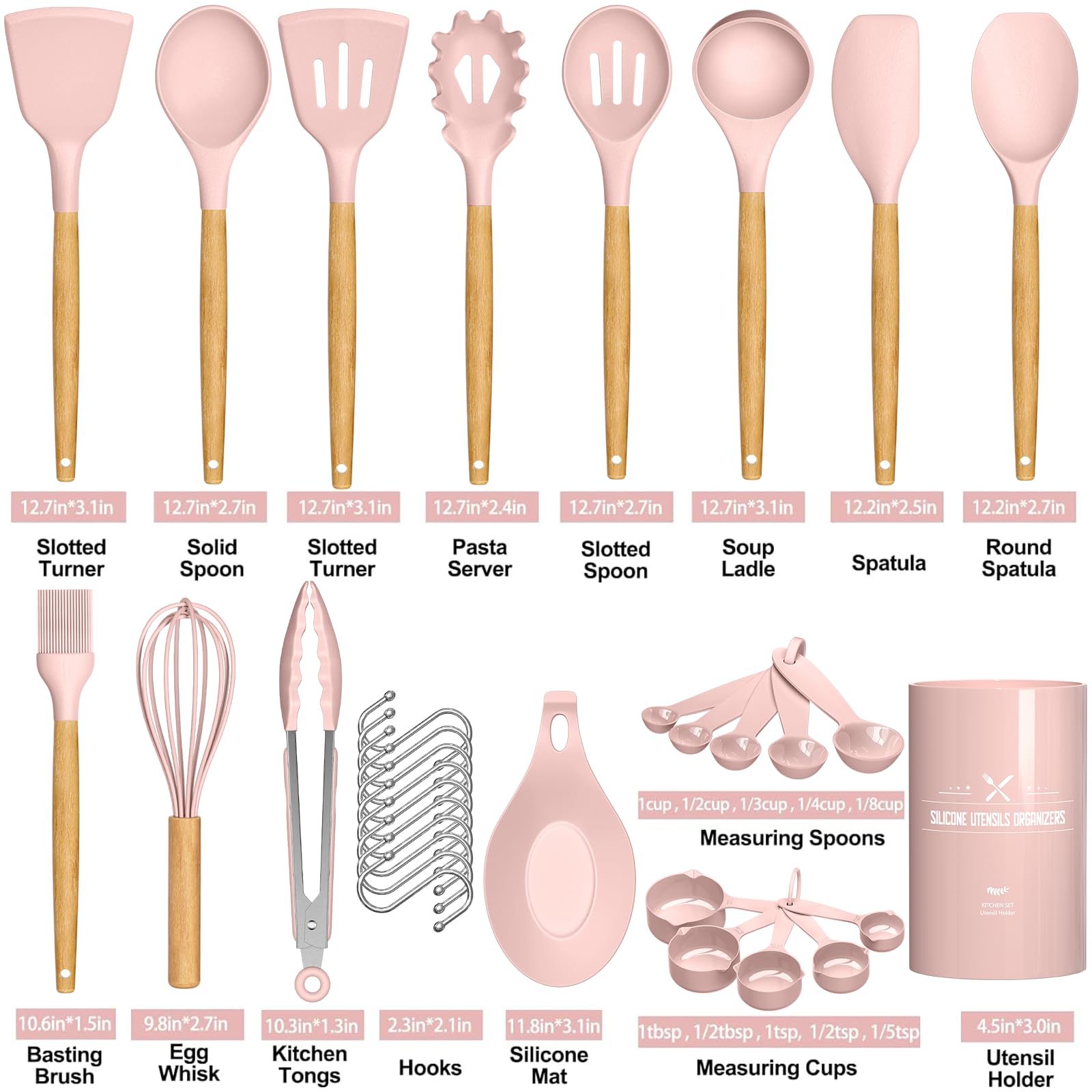 Umite Chef Silicone Kitchen Utensils Set, 33 Piece Non-Stick Kitchen Utensils with Stand, Wooden Handle, Pink - My Kitchen Products