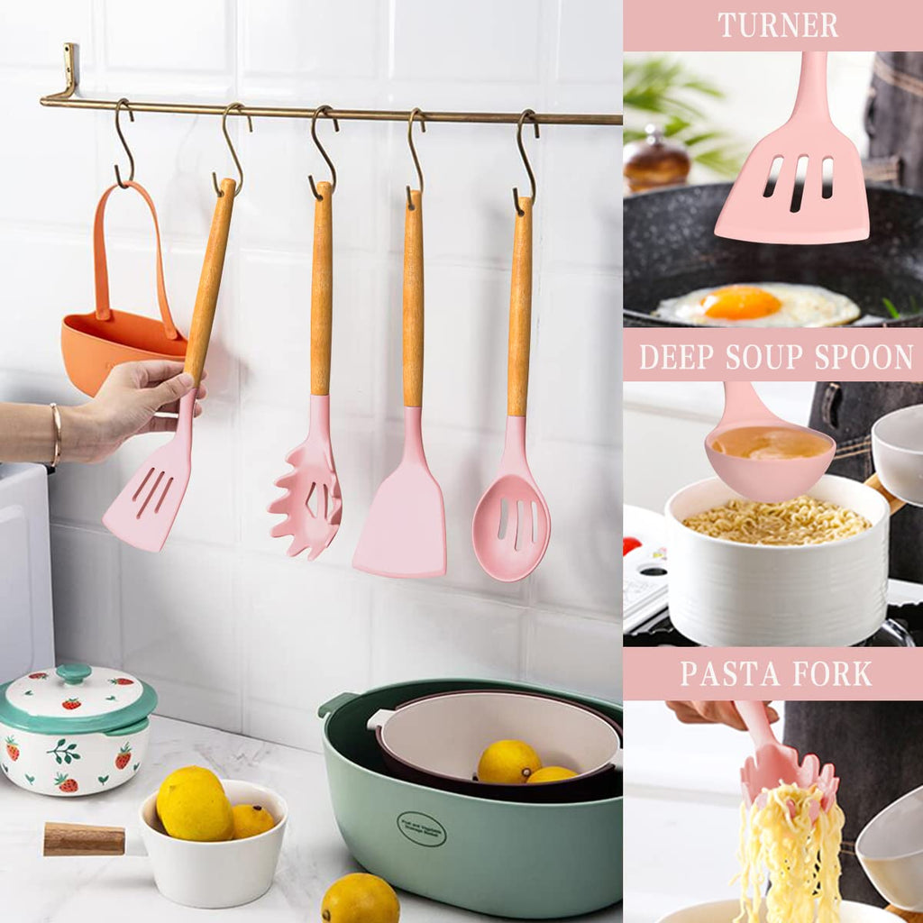 Umite Chef Silicone Kitchen Utensils Set, 33 Piece Non-Stick Kitchen Utensils with Stand, Wooden Handle, Pink - My Kitchen Products