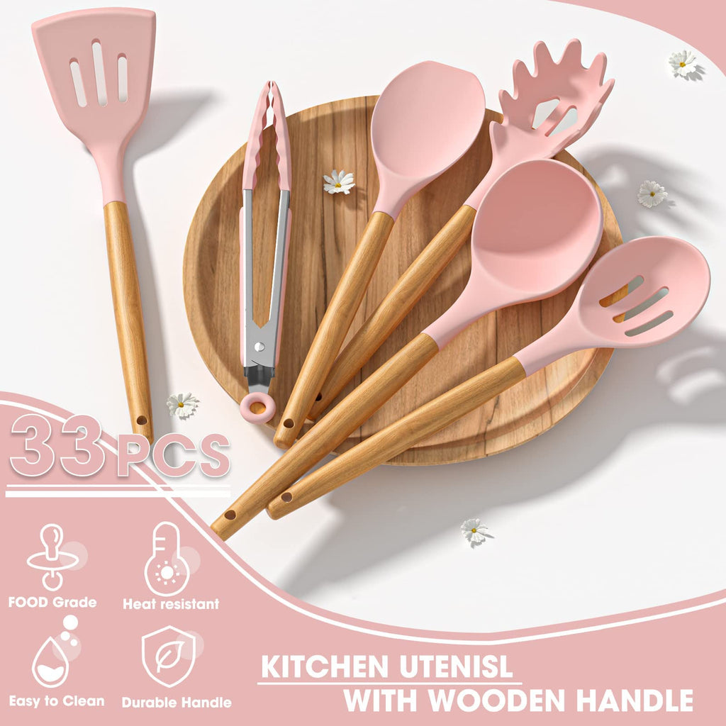 Umite Chef Silicone Kitchen Utensils Set, 33 Piece Non-Stick Kitchen Utensils with Stand, Wooden Handle, Pink - My Kitchen Products
