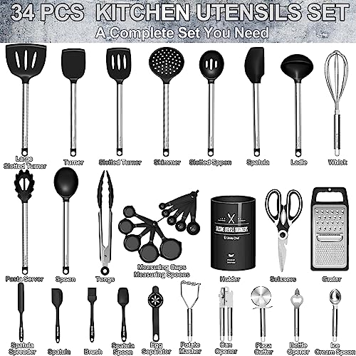 Umite Chef Thickened Kitchen Utensils Set- Silicone Cooking Utensils Set for Nonstick Cookware-Silicone Spatulas Set, Heavy Duty Stainless Steel Handle-Black Kitchen Gadgets Tools Set - My Kitchen Products