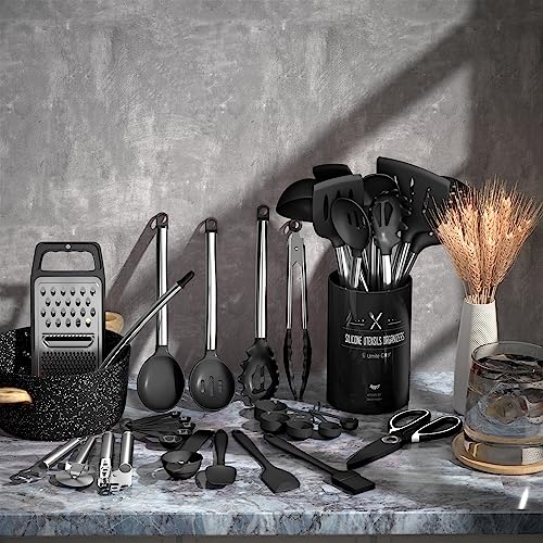 Umite Chef Thickened Kitchen Utensils Set- Silicone Cooking Utensils Set for Nonstick Cookware-Silicone Spatulas Set, Heavy Duty Stainless Steel Handle-Black Kitchen Gadgets Tools Set - My Kitchen Products