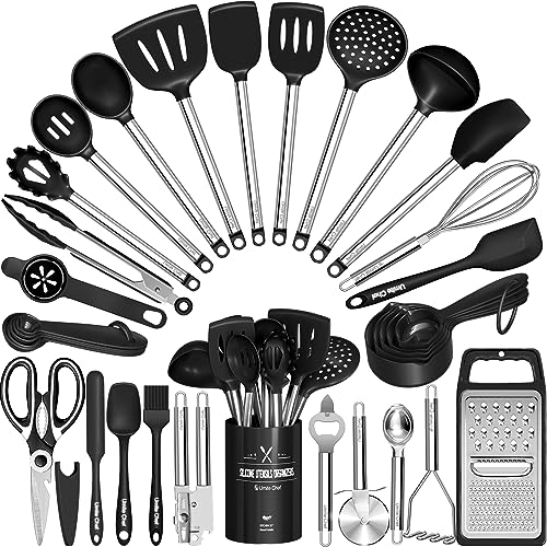 Umite Chef Thickened Kitchen Utensils Set- Silicone Cooking Utensils Set for Nonstick Cookware-Silicone Spatulas Set, Heavy Duty Stainless Steel Handle-Black Kitchen Gadgets Tools Set - My Kitchen Products