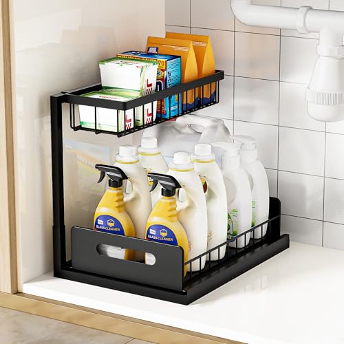 Under Kitchen Sink Organizer 2 Tier, Pull Out Bathroom Sink Organizers and Storage, Cabinet Kitchen Bathroom Storage