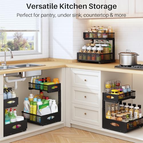 Under Sink Organizer, 2 Pack 2 Tier Pull Out Under Cabinet Organizer Shelf with Pad for Framed Cabinets, Metal Slide Out Under Sink Storage, Mesh Sliding Drawers for Kitchen Bathroom Laundry, Black - My Kitchen Products
