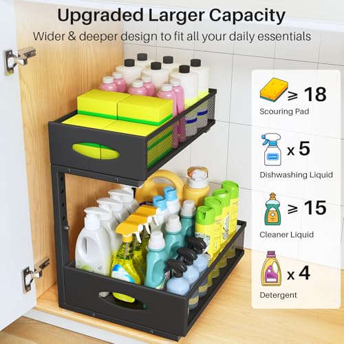 Under Sink Organizer, 2 Pack 2 Tier Pull Out Under Cabinet Organizer Shelf with Pad for Framed Cabinets, Metal Slide Out Under Sink Storage, Mesh Sliding Drawers for Kitchen Bathroom Laundry, Black - My Kitchen Products