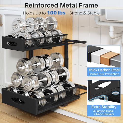 Under Sink Organizer, 2 Pack 2 Tier Pull Out Under Cabinet Organizer Shelf with Pad for Framed Cabinets, Metal Slide Out Under Sink Storage, Mesh Sliding Drawers for Kitchen Bathroom Laundry, Black - My Kitchen Products