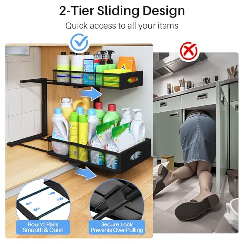 Under Sink Organizer, 2 Pack 2 Tier Pull Out Under Cabinet Organizer Shelf with Pad for Framed Cabinets, Metal Slide Out Under Sink Storage, Mesh Sliding Drawers for Kitchen Bathroom Laundry, Black - My Kitchen Products