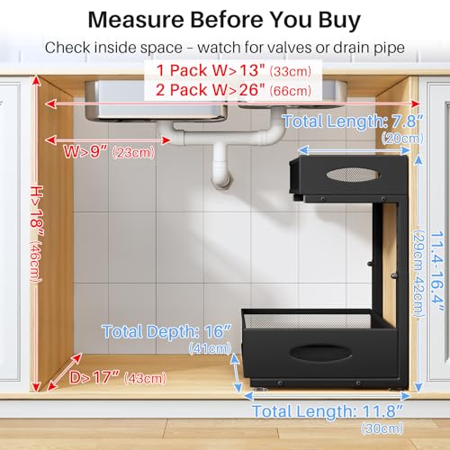 Under Sink Organizer, 2 Pack 2 Tier Pull Out Under Cabinet Organizer Shelf with Pad for Framed Cabinets, Metal Slide Out Under Sink Storage, Mesh Sliding Drawers for Kitchen Bathroom Laundry, Black - My Kitchen Products