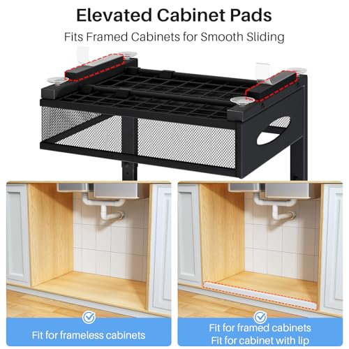 Under Sink Organizer, 2 Pack 2 Tier Pull Out Under Cabinet Organizer Shelf with Pad for Framed Cabinets, Metal Slide Out Under Sink Storage, Mesh Sliding Drawers for Kitchen Bathroom Laundry, Black - My Kitchen Products
