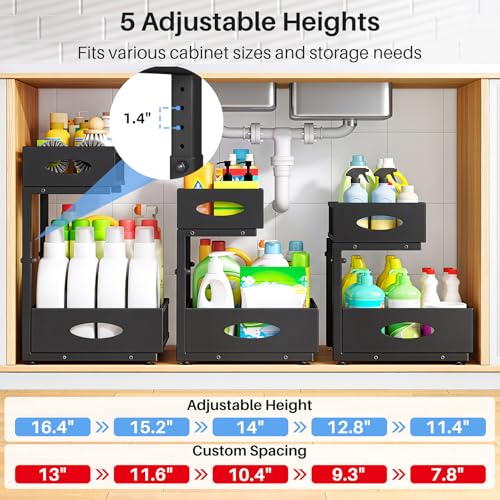 Under Sink Organizer, 2 Pack 2 Tier Pull Out Under Cabinet Organizer Shelf with Pad for Framed Cabinets, Metal Slide Out Under Sink Storage, Mesh Sliding Drawers for Kitchen Bathroom Laundry, Black - My Kitchen Products