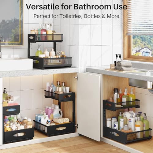 Under Sink Organizer, 2 Pack 2 Tier Pull Out Under Cabinet Organizer Shelf with Pad for Framed Cabinets, Metal Slide Out Under Sink Storage, Mesh Sliding Drawers for Kitchen Bathroom Laundry, Black - My Kitchen Products