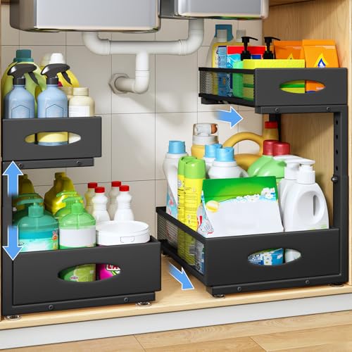 Under Sink Organizer, 2 Pack 2 Tier Pull Out Under Cabinet Organizer Shelf with Pad for Framed