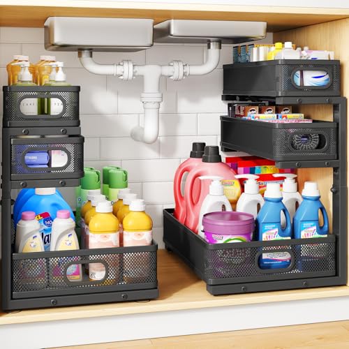 Under Sink Organizer, 2-Pack 3-Tier Thickened Metal Pull out Cabinet Organizer
