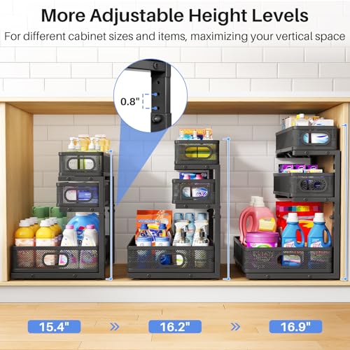 Under Sink Organizer, 2-Pack 3-Tier Thickened Metal Pull out Cabinet Organizer Shelf, Height Adjustable Slide out Storage Drawer Rack for Kitchen Bathroom Pantry Laundry Home Office Organization - My Kitchen Products