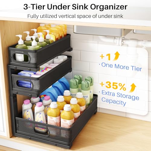 Under Sink Organizer, 2-Pack 3-Tier Thickened Metal Pull out Cabinet Organizer Shelf, Height Adjustable Slide out Storage Drawer Rack for Kitchen Bathroom Pantry Laundry Home Office Organization - My Kitchen Products